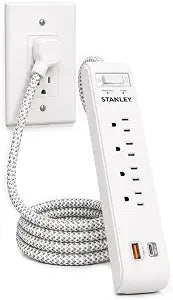 STANLEY Surgemax Surge Protector Power Strip 4 Grounded Outlets 1 USB-C 1 USB-A Ports 600 Joules Surge Protection 6 Ft Fabric Braided Cord AWG 14/3 125V/15A 1875W Circuit Breaker Cord White ETL Listed