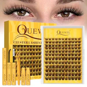 QUEWEL Lash Clusters Kit with 0.03mm Fine Band, 132PCS Waterproof Natural Lashes-Cluster, Eyelash-Clusters-Kit with Bond&Seal and Tweezers Easy to Wear and Long-Lasting (FD-0.03-B)