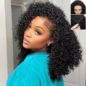 Kinky Curly Half Wig Fiber Blend Human Hair 18 Inch 200 Density 3 In 1 Drawstring Seamless Flip Wigs Wear Go Glueless Headband Wig Natural Black for Women Beginner Friendly
