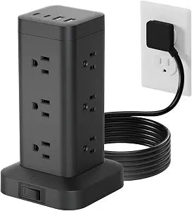 Tower Power Strip with PD 30W Fast-Charging Port, 12 Outlets, 4 USB Ports (2 USB-C), 1800J Surge Protector, Charging Station for Multiple Devices,10FT Extension Cord, Black, Home Office Essentials