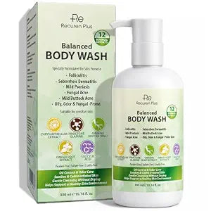Recuren Plus Antifungal Body Wash Soap: Antibacterial, Shower Gel for Back Acne, Seborrheic Dermatitis, Folliculitis, Psoriasis, Jock Itch & Ringworm (10 Fl Oz (Pack of 1), Herbal Floral)