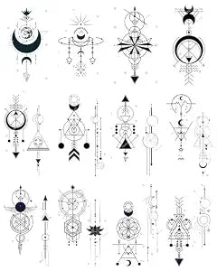 12 Sheets Geometric Temporary Tattoos Black Moon Arrow Fake Tattoo Sticker
