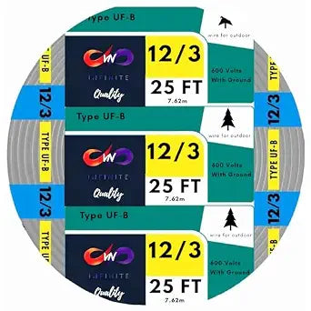 12/3 UF-B Electrical Copper Wire 12 AWG 3 Connector Direct Burial Electrical Cable for Underground Feeder and Branch Circuit Cable Gray Indoor & Outdoor (25 Ft)