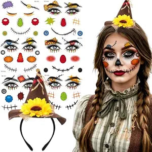 6 Sheets Scarecrow Face Tattoos Stickers with Halloween Scarecrow Hat Headband, Mini Brown Felt Hat with Sunflower Face Eye Temporary Tattoo Makeup Halloween Thanksgiving Dress Up Kit