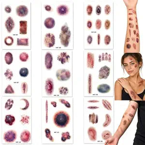 Realistic Halloween Scar Temporary Tattoos - 9 Sheets Fake Wound Stitches