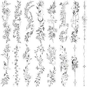 Temporary Tattoos for Women -24 Sheets Black Flower Leaf Wild Plants Sketch Realistic Tattoo Stickers Waterproof Tattoo Sets for Arm Collarbone Leg Backbone Body Art