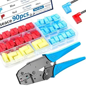 smseace 91pcs Right Angle Spade Connectors with Flag Terminal Crimper 22-18/16-14/12-10AWG Quick Disconnect Flag Connector + Electrical Crimping Tool for Right Angle Spade Connector