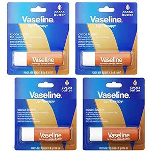 Vaseline Lip Therapy Care Cocoa Butter, Fast-Acting Nourishment, Ideal for Chapped, Dry, Cracked, or Damaged Lips, Lip Balm, 4-Pack, 0.16 Oz Each