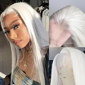 13x4 Glueless White Wig Straight Synthetic Lace Front Wig Pre Plucked 250 Density Hd Lace Wig With Baby Hair Heat Resistant Wigs For Women 26 inch Grey Silver Platinum Blonde Wig
