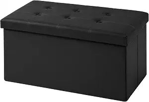 30 Inches Folding Storage Ottoman Bench, Faux Leather Footstool Ottoman, Storage Trunk Footrest for Bedroom, Living Room and Hallway, Support 350lbs, BlackBlack line