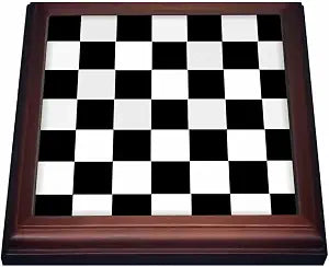 3dRose Checkered Black and White Squares-Art-Trivet with Ceramic Tile, 8" x 8", Brown
