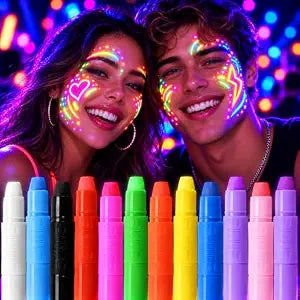 Glow Face Paint Sticks, 12 Colors UV Light Reactive Neon Face and Body Paint Crayons, Washable Twist-Up Makeup Sticks for Halloween, Glow Party, Festival, Cosplay