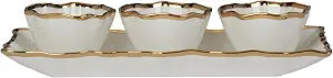 Regency Gold 4pc Porcelain Tray & Cond. Bowls Set, 14" Tray with 4.25" Bowls, Scalloped Edges & Metallic Gold Rim, Elegant Serveware for Dips, Sauces & Appetizers, Perfect for Entertaining & Holidays
