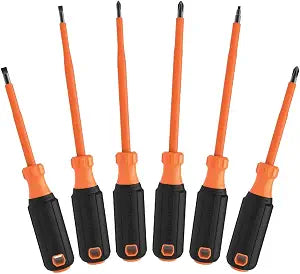 Klein Tools 85076INS Insulated Screwdriver Set, Made in USA, features 1000V Electricial Screwdrivers, (3) Phillips and (2) Slotted and Square Tips, 6-Piece