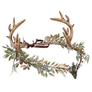 MOSTORY Woodland Gold Antler Crown - Forest Elf Headpiece Fairy Floral Circlet for Women Renaissance Fair Halloween Renfaire Cosplay Photo Shoot