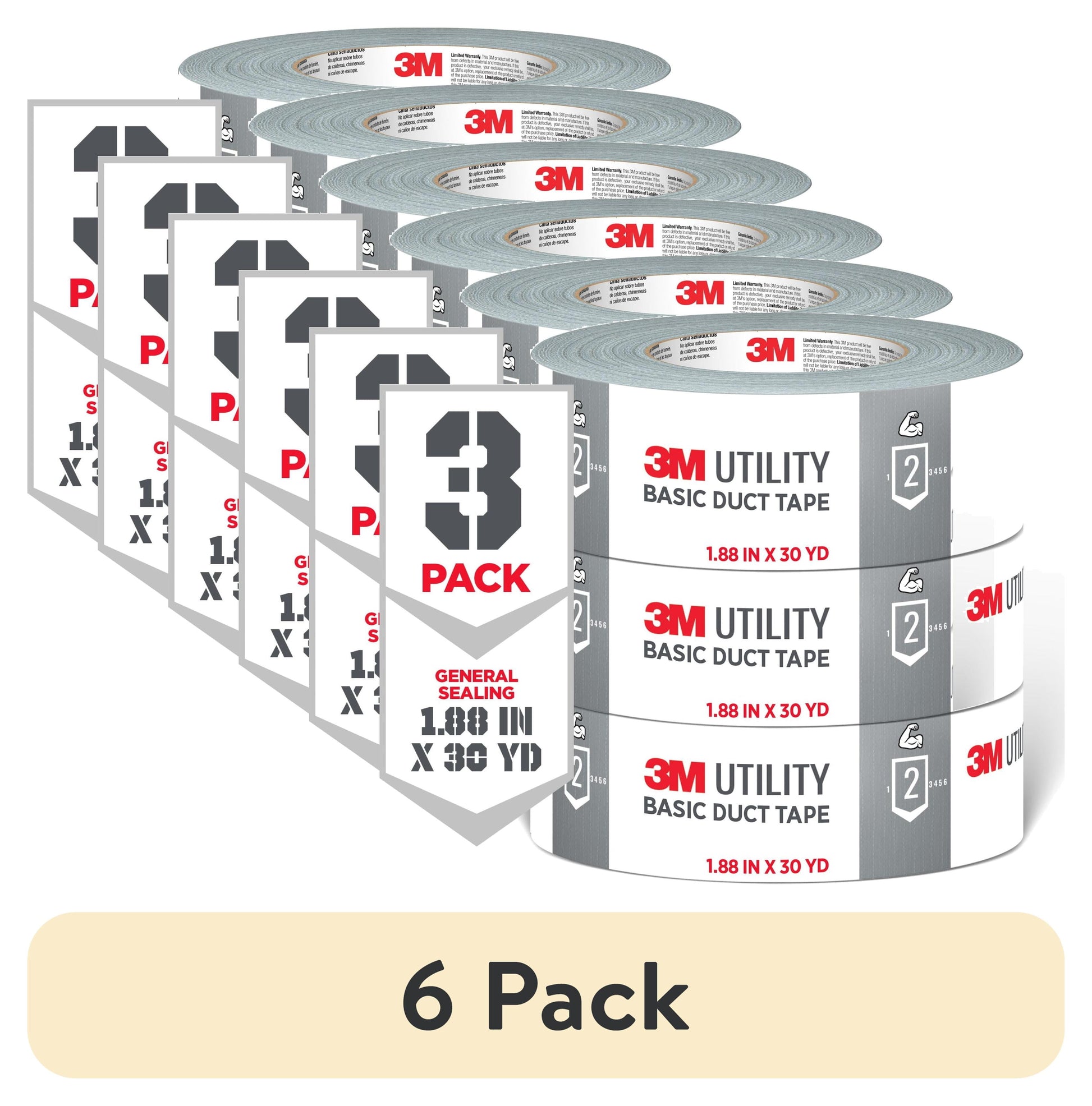 (6 pack) 3M Utility Duct Tape, Silver, Basic Use, 1.88 in. x 30 yd., 3 Pack