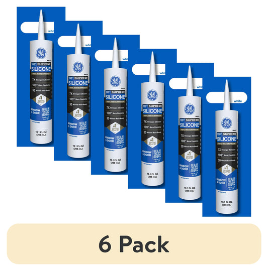 (6 pack) GE Supreme Silicone Window & Door Sealant, Pack of 1, White 10.1 fl oz Cartridge