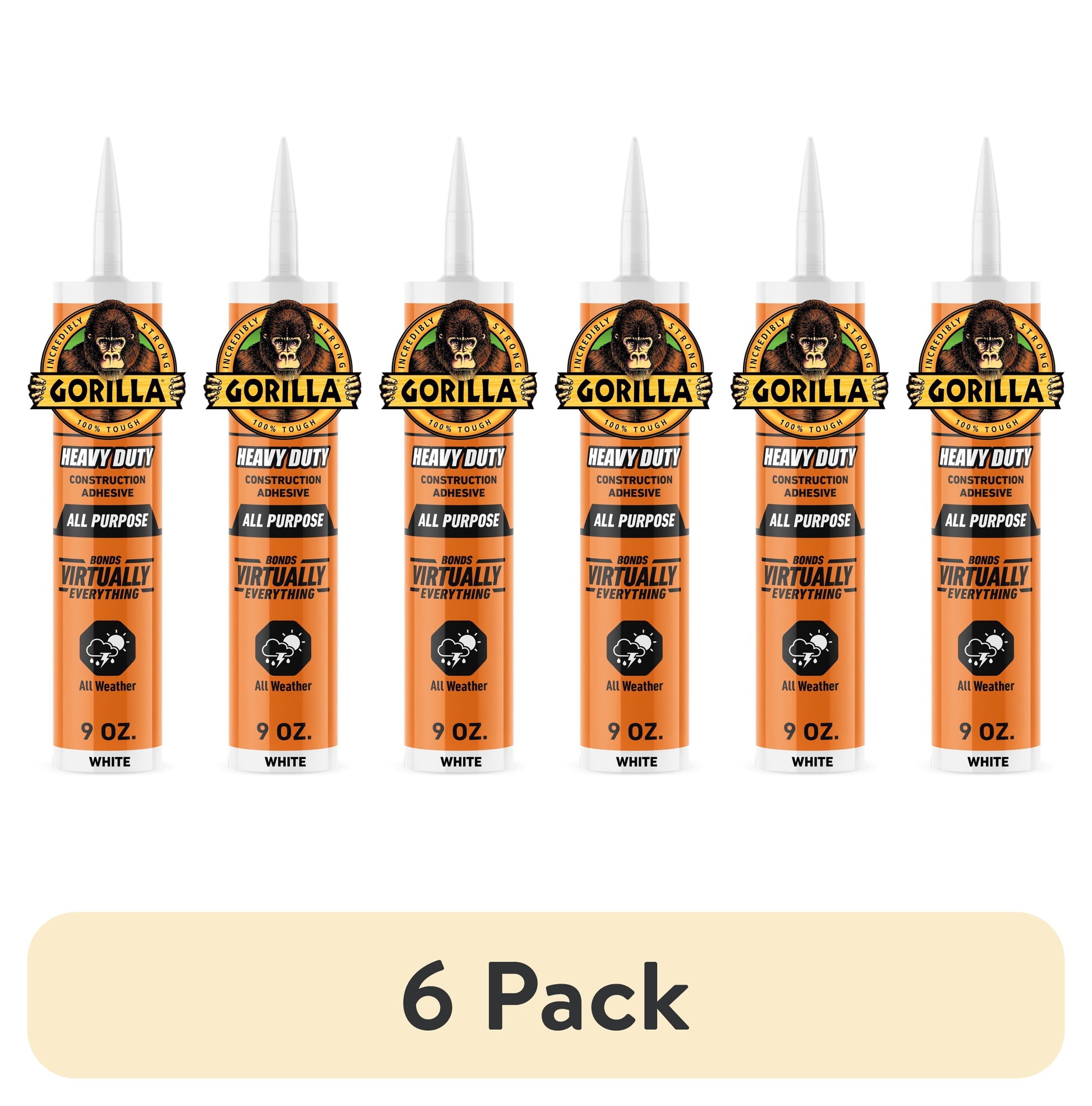 (6 pack) Gorilla Heavy Duty White Construction Adhesive, 9 oz Cartridge
