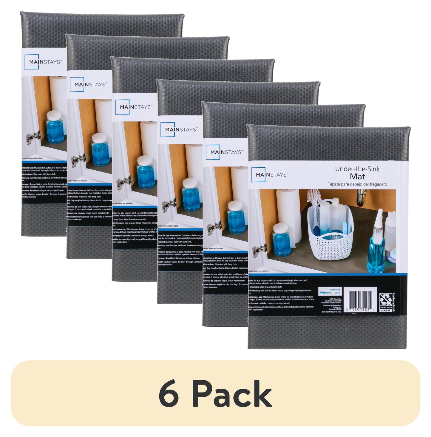 (6 pack) Mainstays Under-the-Sink Shelf Liner, Black, 24 in. x 4 ft. Roll