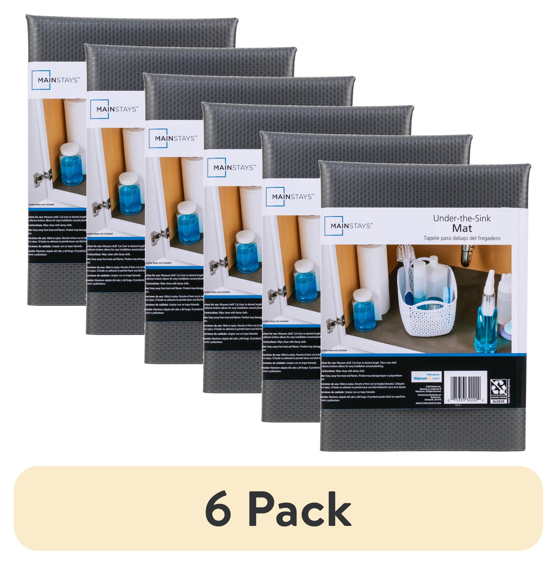 (6 pack) Mainstays Under-the-Sink Shelf Liner, Black, 24 in. x 4 ft. Roll