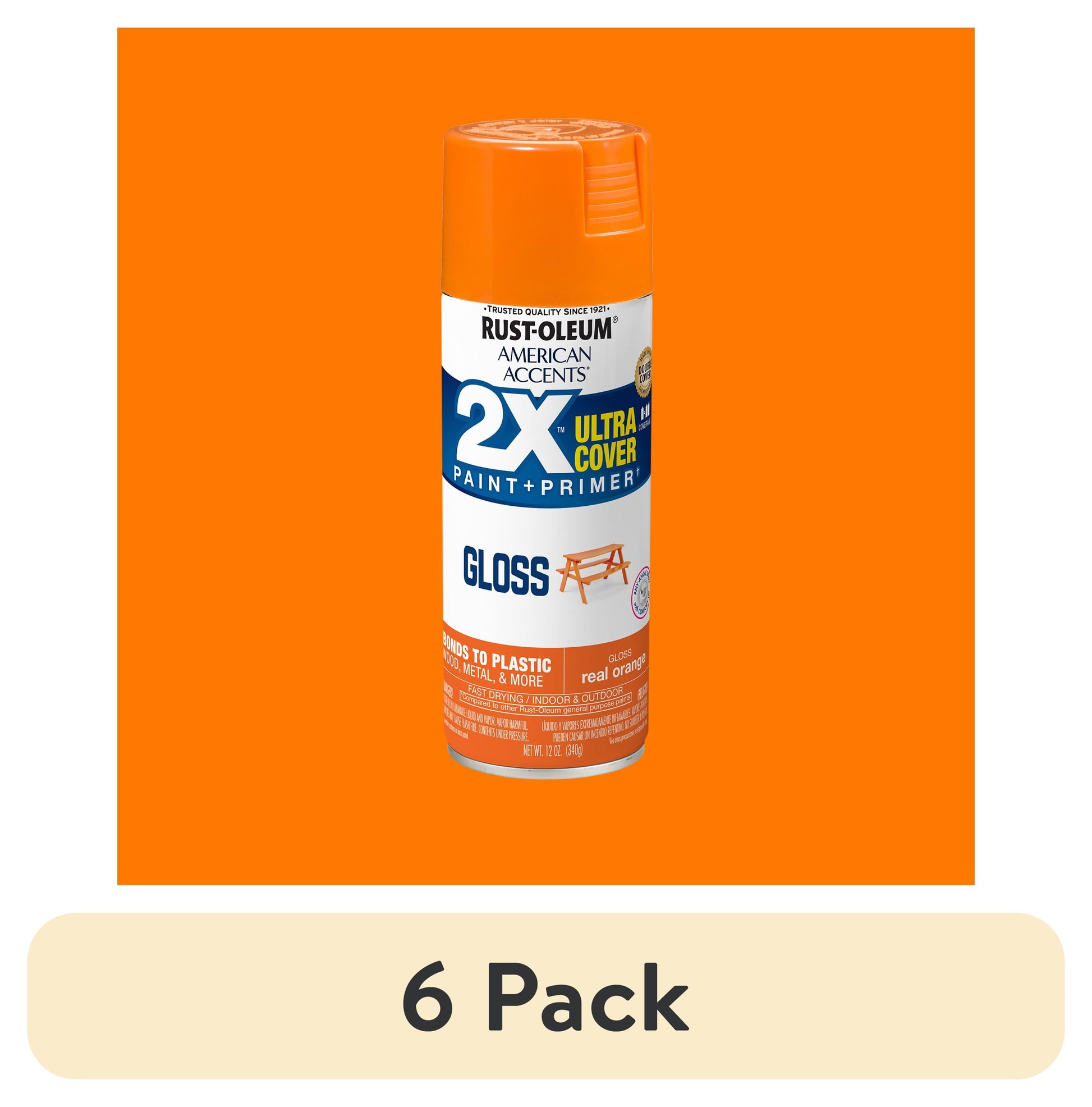 (6 pack) Naranja Real, Rust-Oleum American Accents 2X Ultra Cover Pintura en Aerosol Brillante-327873, 12 oz