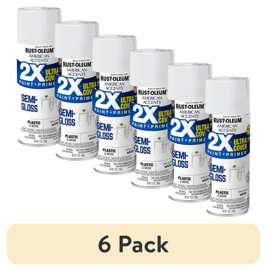 (6 pack) White, Rust-Oleum American Accents 2X Ultra Cover Semi-Gloss Spray Paint-327951, 12 oz