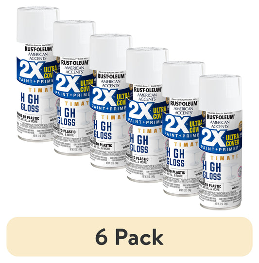 (6 pack) White, Rust-Oleum American Accents Ultra Cover 2X High Gloss Spray Paint-328373, 12 oz