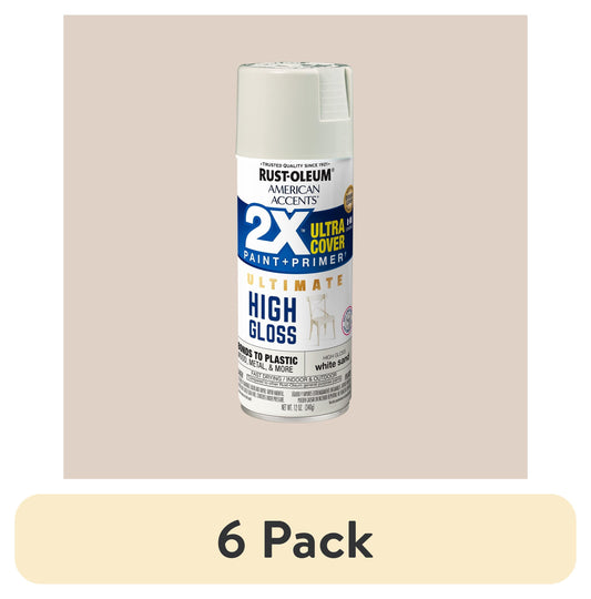 (6 pack) White Sand, Rust-Oleum American Accents 2X Ultra Cover High Gloss Spray Paint-344688, 12 oz