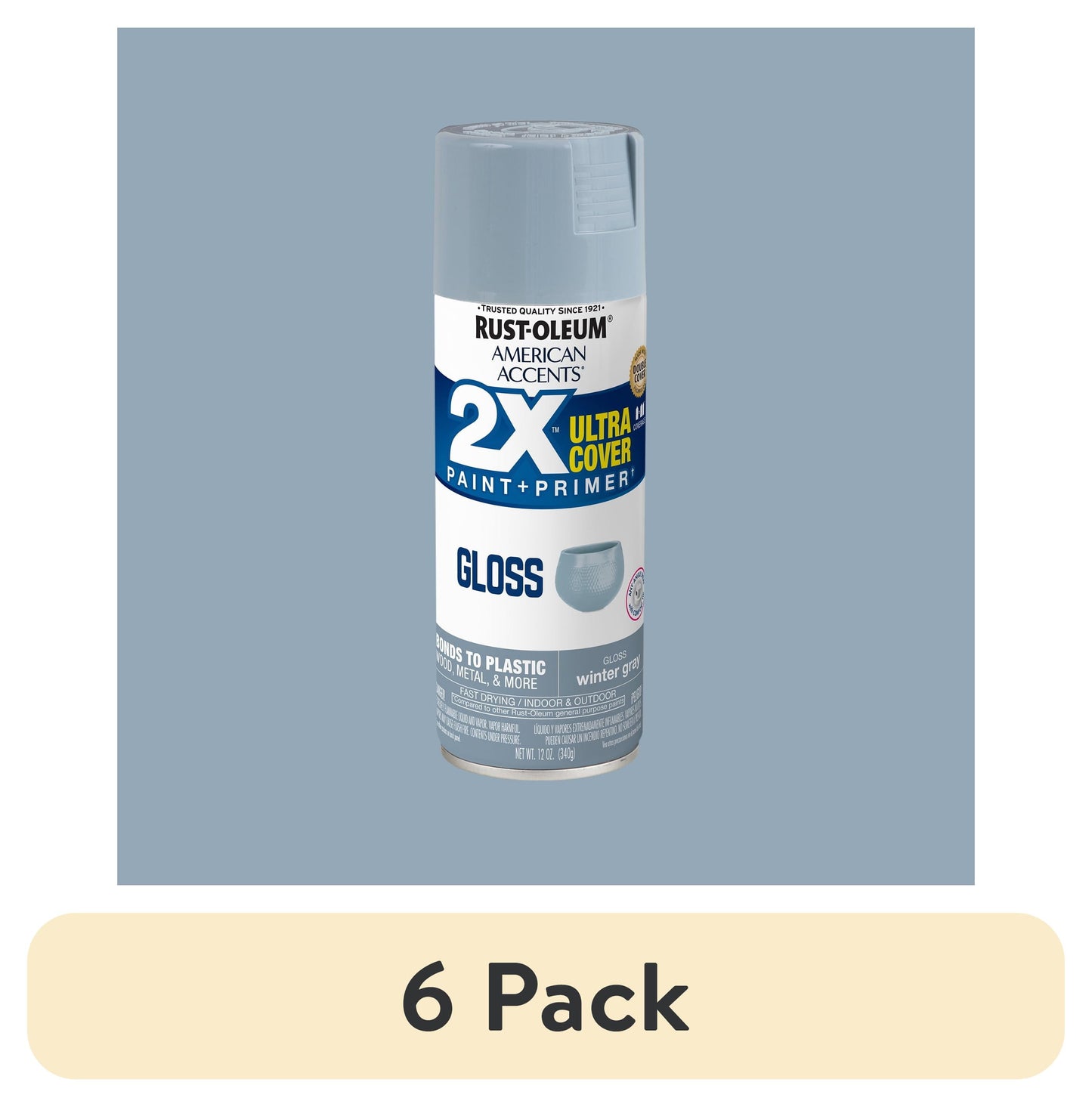 (6 pack) Winter Gray, Rust-Oleum American Accents 2X Ultra Cover Gloss Spray Paint-327900, 12 oz