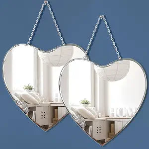 QMDECOR Heart Shaped Mirror with Iron Chain for Wall Decor 12x12 inch 2 Pack Wall Hang Real Glass Frameless Decorative Accent Mirror Glam