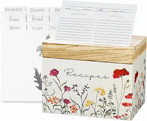 SENSORY4U Wooden Recipe Box with Cards & Dividers, Wildflower Design