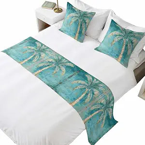 3pcs Bed Runner Set, 102x20in, Retro Coconut Tree Tropical Plant Hand-Painted Oil Painting Cal. King Bed Runner Scarf & 2 Pillowcases, Soft Bedding Scarves for Home Hotel Decorations