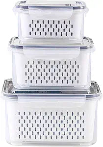 3Pack Fridge Food Storage Container Set with Lids with Strainer,Plastic Fresh Produce Saver Vegetable Fruit Meat Storage Organization, BPA-Free Plastic Produce Keepers(3.15L+1.7L+0.8L)