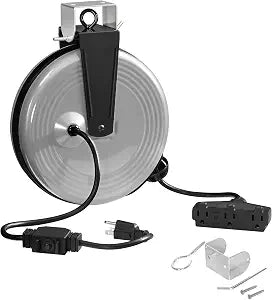 30 Ft Retractable Extension Cord Reel, 16/3 Gauge SJTOW Power Cord with 3 Electrical Outlets Pigtail for Garage and Shop, 10 Amp Circuit Breaker, Metal Plate, UL Listed, Grey H30ACR06