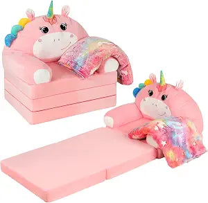 Kids Couch, 2-in-1 Fold Out Sofa, Flip-Out Foam Chair with Cozy Flannel Blanket, Soft Plush Sofa for Reading, Playroom and Bedroom(Pink Unicorn)