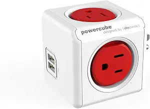 Allocacoc PowerCube Original USB; 4 Outlets Surge Protector 2 USBs Cubic Multi Socket Extender Power Tab Space Saving Compact No Blockage Dorm Home Office125V 15A 1875W Max Red