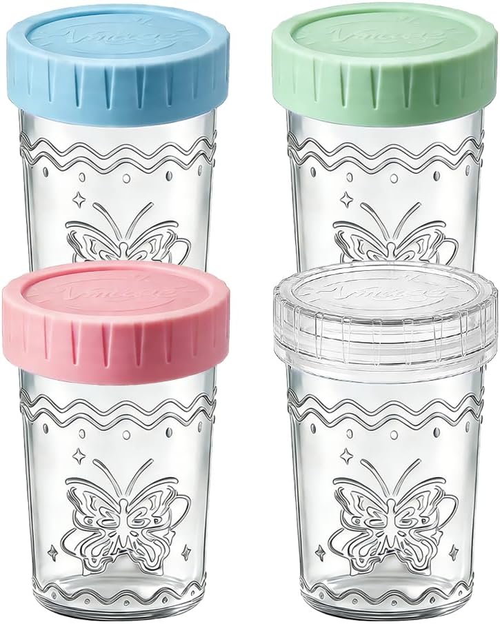 4-Pack 20oz Glass Jars with Lids, Mason Jars, BPA free Wide Mouth Glass Jars with Lids, Food Storage Containers for Snacks, Yogurt, Salad, Fridge, Meal Prepï¼ˆMixed colorï¼‰