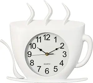 Clockswise Coffee Cup Wall Clock Battery-Operated Quartz Timepiece Decorative Accent for Kitchen Coffee Bar Cafe Restaurant Dining Room and Breakfast Nook, Ideal for Home & Office Decor, White