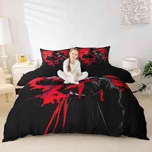Erosebridal Japanese Anime Bedding Set for Kids, Anime Girl Comforter Cover Full Size Japanese Girl Duvet Cover for Girls Teens Adult, Kawaii Animation Red Black Bed Set, Machine Washable