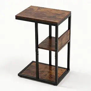 King Oasis 3 Tier Side Table, Brown C-Shaped End Table with Open Storage Shelves and Metal Frame, Small Industrial Bedside Table with Adjustable Feet for Living Room, Bedroom, Small Spaces