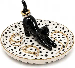 Ceramic Cat Ring Holder Dish, Black Polka Dots
