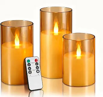 Artmarry Flameless Candles with Moving Climbing Flame, 3-Pack 4" 5" 6" H LED Pillar Candles, 8-Key Remote, Battery Operated (2 AA Not Included),Perfect for Dining & Coffee Tables (Amber Ivory)