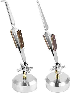 QWORK Third Hand Tweezers, 2 Pack (Straight + Curved) Cross Locking Jewelry Welding/Soldering Tweezers with Base 360Rotation, Jewelry Making Repair Kit