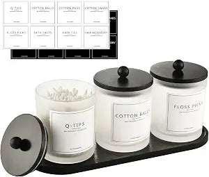 3 Pack Qtip Holder Bathroom Set,Cotton Ball Swab Pad Holder Cotton Round Floss Pick Dispenser with Tray,Glass Apothecary Jars with Lids,Bathroom Organizers and Storage Canisters-Frosted White