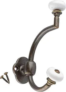 UNIQANTIQ HARDWARE SUPPLY Antique Brass Hat and Coat Hook with Porcelain Knobs - Double Hook for Wall, Rack and Hall Tree Mounting - CH1-DAB (1)