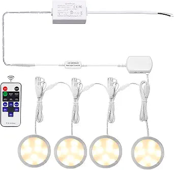 AIBOO Linkable LED Under Cabinet Lights Direct Wired 12V Slim Aluminum Dimmable Puck Lights with RF Remote Control for Accent Lighting (4 Lights, Warm White, NO Wall Plug)