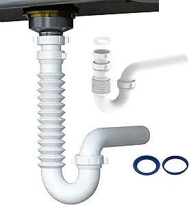 Flexible P Trap for Bathroom Sink, Flex Drain Pipe for Bathroom Sink Drain Kit and Kitchen Sink Drain Kit, 1-1/2" or 1-1/4" Expandable Sink Trap, Slip Joint or Direct Connection 1/2 Inch P Trap Kit