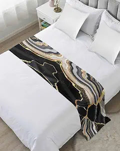 Abstract Marble Bed Runner Scarf Cal King Size,Luxury Throw Runners & Scarves for Twin Full Queen King Foot of Bed,Bedroom Wedding Room Decoration,Contemporary Geometric Black Grey Gold 102"x20"