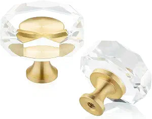 QOGRISUN 10-Pack Crystal Cabinet Knobs, Gold Drawer Knobs, Polygon 1-1/4in