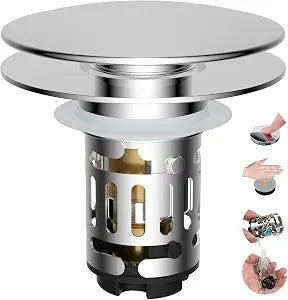 Hibbent Upgraded 3 in 1 Bathroom Sink Drain Strainer, Universal Pop Up Sink Stopper with Big Push Cap, Anti-Clogging Metal Filter Basket,Sink Plug with Hair Catcher for 1.1''~2.36'' Basin, Chrome